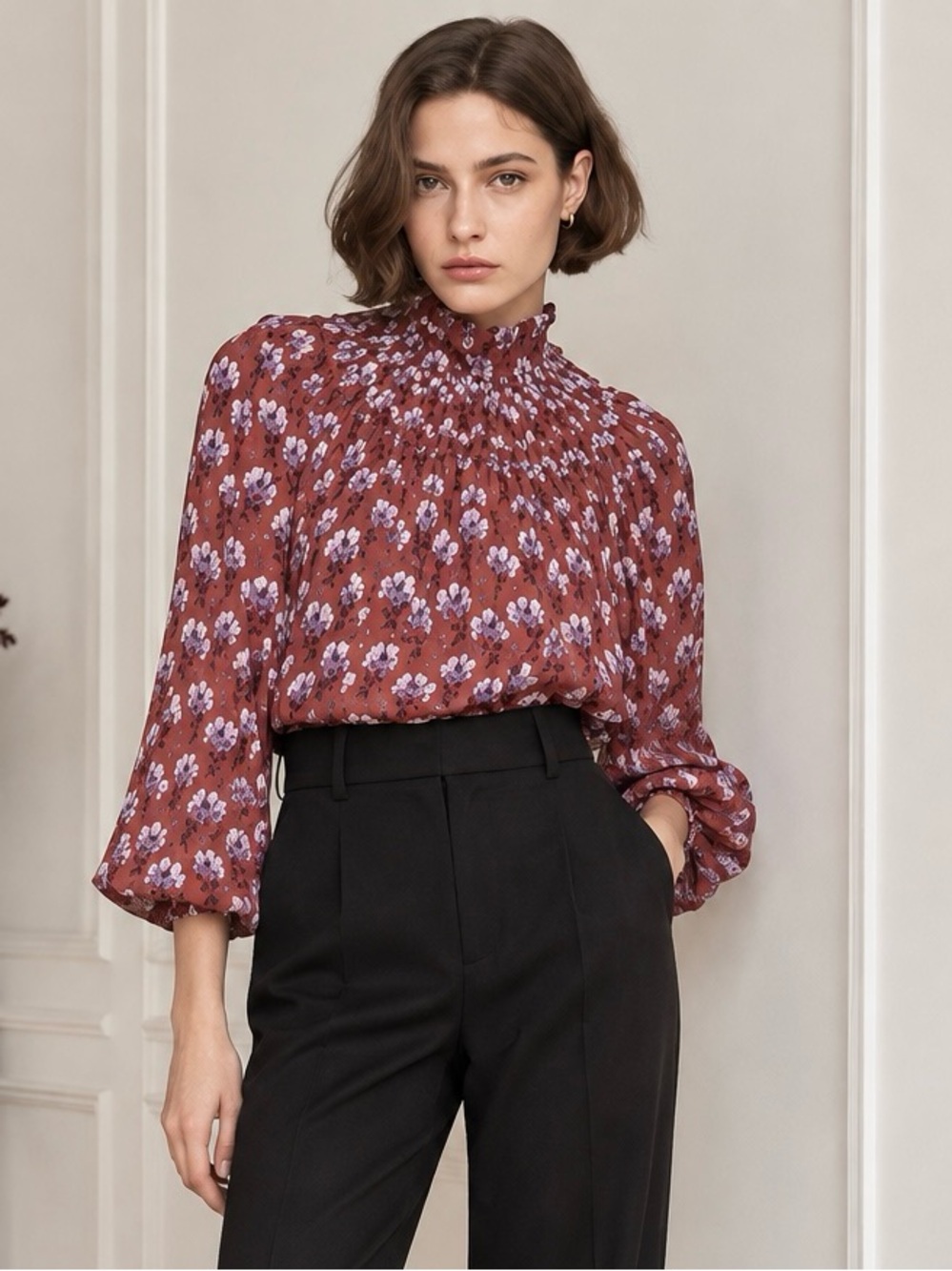 Zara Rust Brown Floral High Neck Blouse Ruffle Puff Sleeve Size M